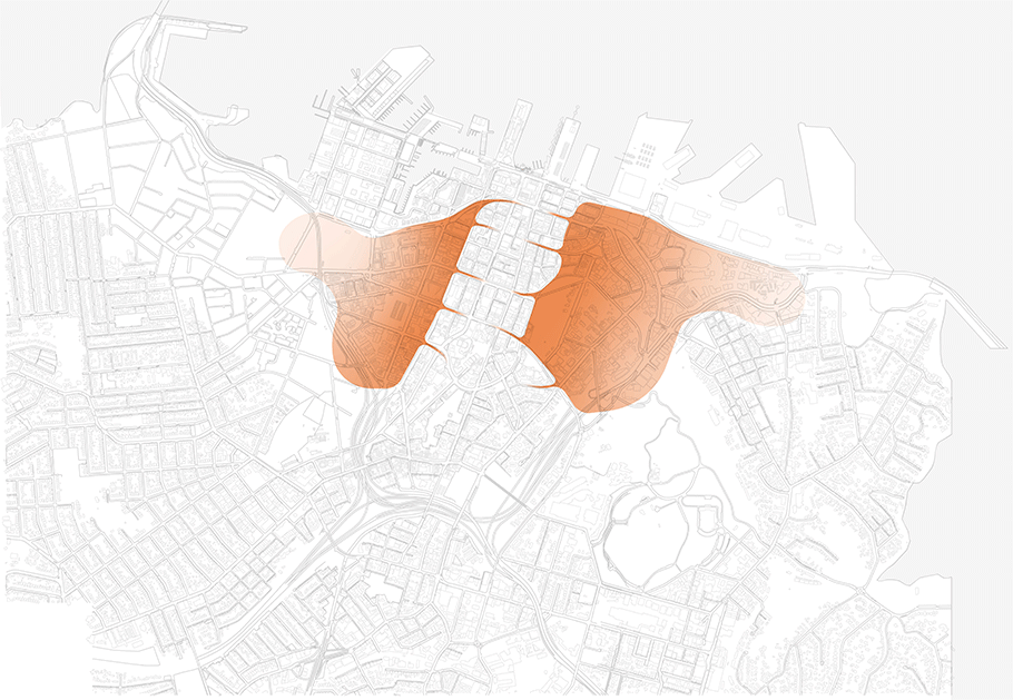 Map showing the areas of the city centre that Transformational move 2: East and west stitch, proposes to connect. Map showing the areas of the city centre that Transformational move 2: East and west stitch, proposes to connect.