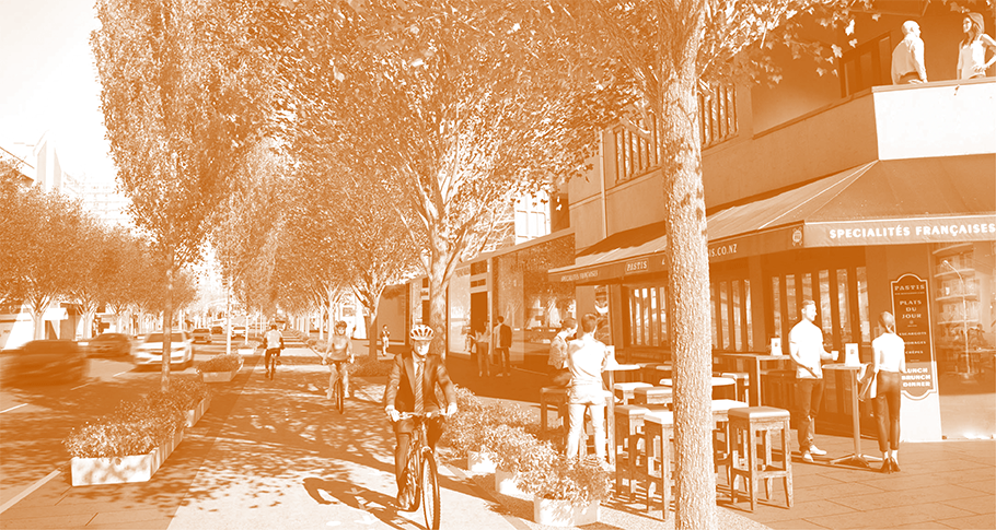 Nelson Street as proposed, with tree planting, cycleway and better pedestrian space. Nelson Street as proposed, with tree planting, cycleway and better pedestrian space.