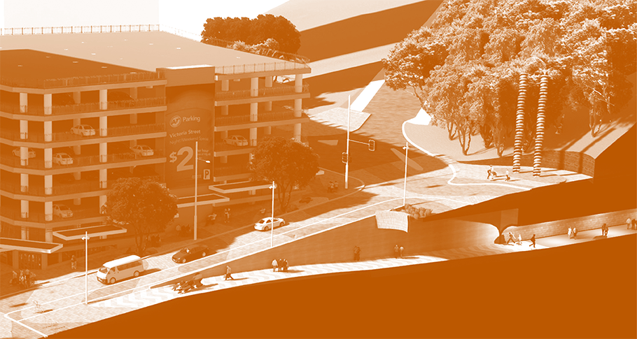Cross-section showing Victoria Street linear park connecting to reopened Albert Park tunnels. Cross-section showing Victoria Street linear park connecting to reopened Albert Park tunnels.