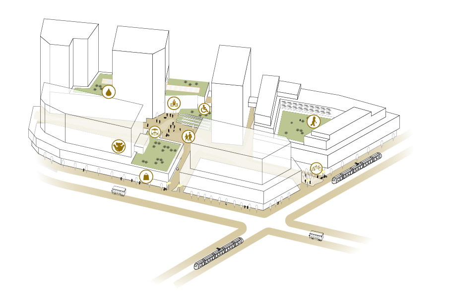 New urban neighourhood with high-quality connections to surrounding areas and city centre. New urban neighourhood with high-quality connections to surrounding areas and city centre.